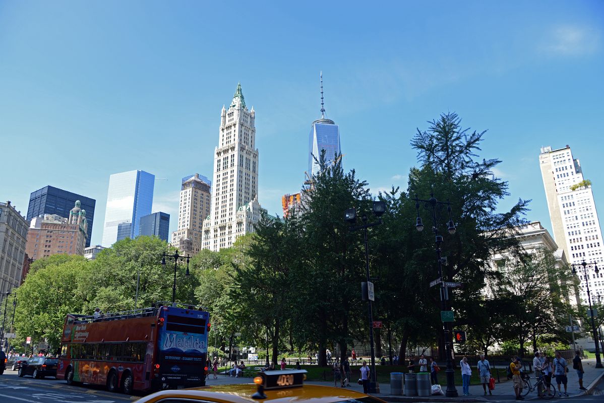 11-1 Woolworth Building And One World Trade Centre Above New York City Hall Park In New York Financial District